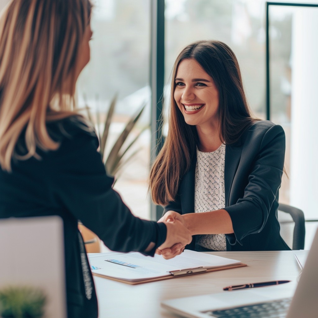 Business partners shaking hands across a table while reviewing insurance documents